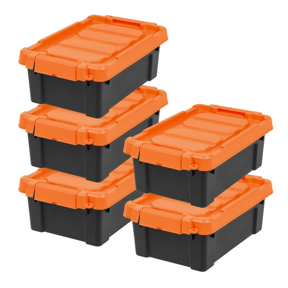 IRIS USA 3 Gallon Lockable Storage Totes with Lids, 5 Pack - Orange Lid, Heavy-Duty Durable Stackable Containers, Large Garage Organizing Bins Moving Tubs, Rugged Sturdy Equipment Utility Tool Box