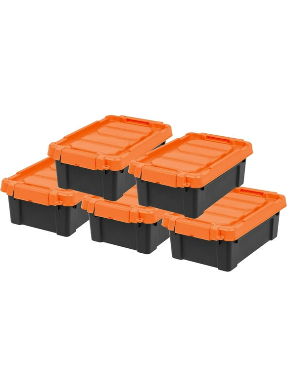 IRIS USA 3 Gallon Lockable Storage Totes with Lids, 5 Pack - Orange Lid, Heavy-Duty Durable Stackable Containers, Large Garage Organizing Bins Moving Tubs, Rugged Sturdy Equipment Utility Tool Box