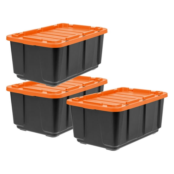 IRIS USA 3 Pack 108qt/27gal Heavy Duty Utility Tough Tote, Black with Orange Lid