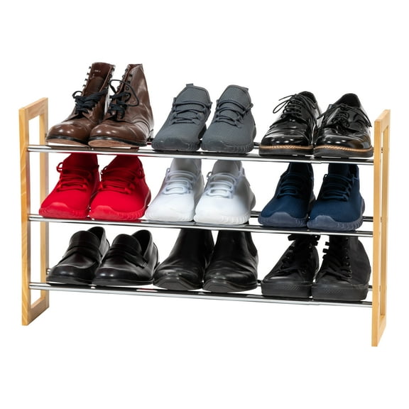 IRIS 3 Tier Extendable Pine Wood and Metal Shoe Rack for Entryway, Up to 15 pairs