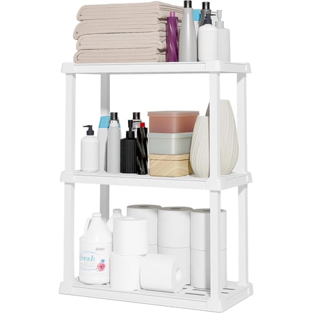 IRIS 3 Tier Light Duty Plastic Shelf 150lb Capacity, Medium Modular Shelving Unit Storage Organizer, White