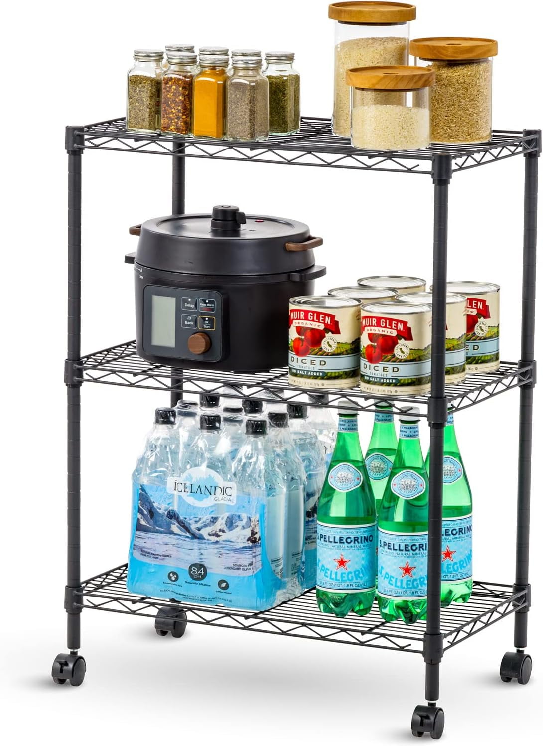 IRIS USA 3-Tier Steel Storage Rack with Removable Casters, Rolling Adjustable with Metal Shelf Cart, Silver