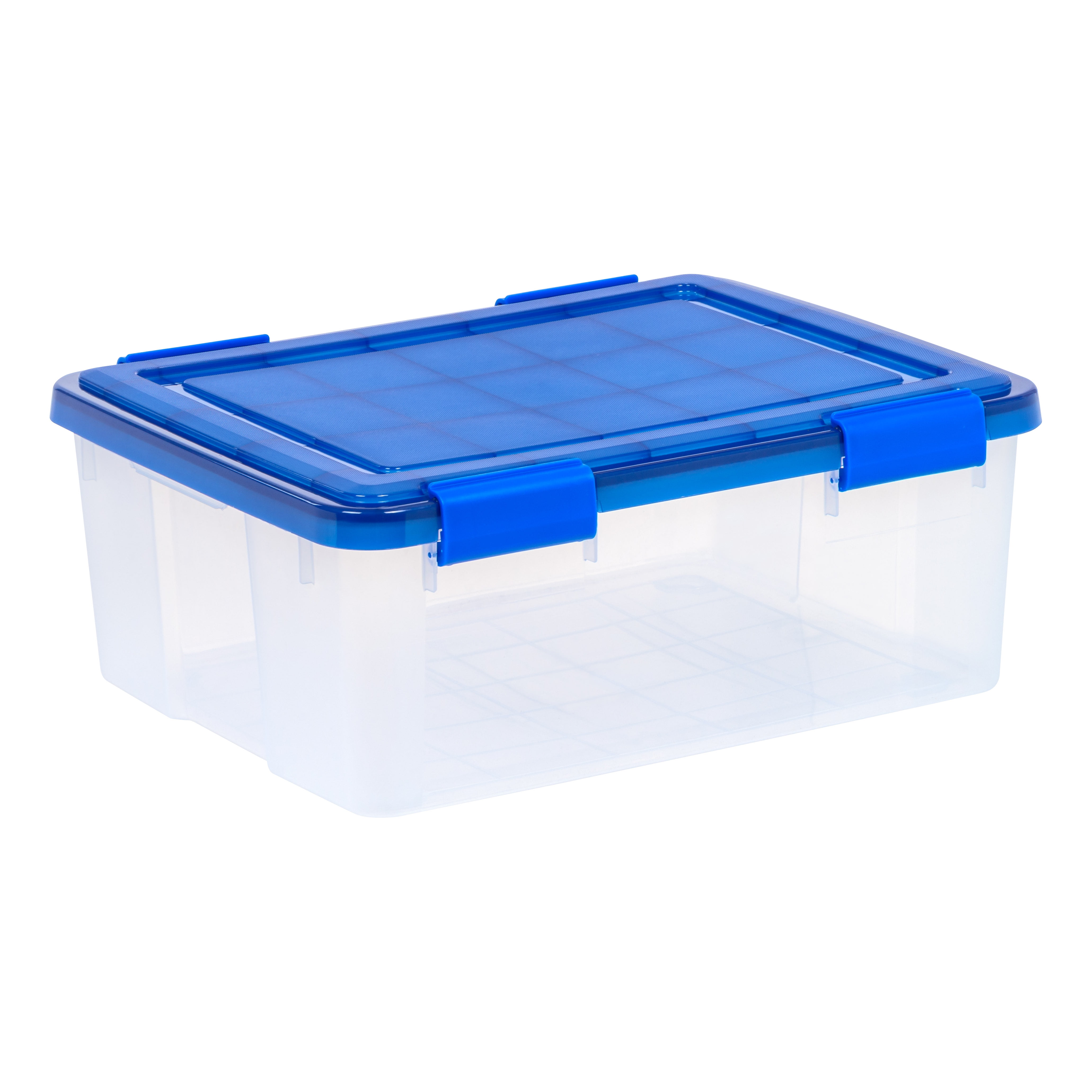 Iris USA 30 Quart Weatherpro Plastic Storage Box with Durable Lid and Seal and Secure Latching Buckles, Clear with Blue Buckles, Weathertight, 3 Pack