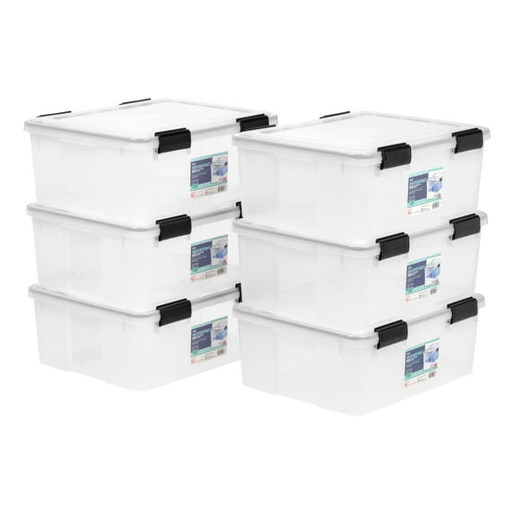 IRIS USA 31 Qt Storage Box with Gasket Seal Lid, 6 Pack, Made in USA - Heavy Duty Moving Containers with Tight Latch, Weather Proof Tote Bin, WEATHERPRO - Clear/Black