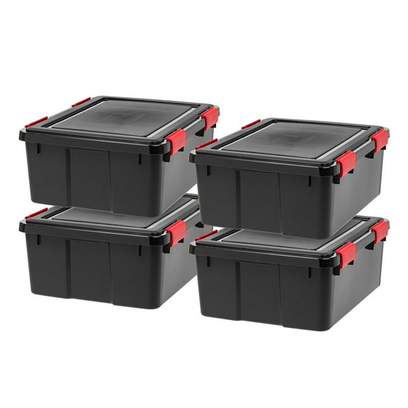 IRIS USA 31 Qt Storage Box with Gasket Seal Lid, 4 Pack - BPA-Free, Heavy Duty Moving Containers with Tight Latch, Weather Proof Tote Bin, WEATHERPRO - Black/Red