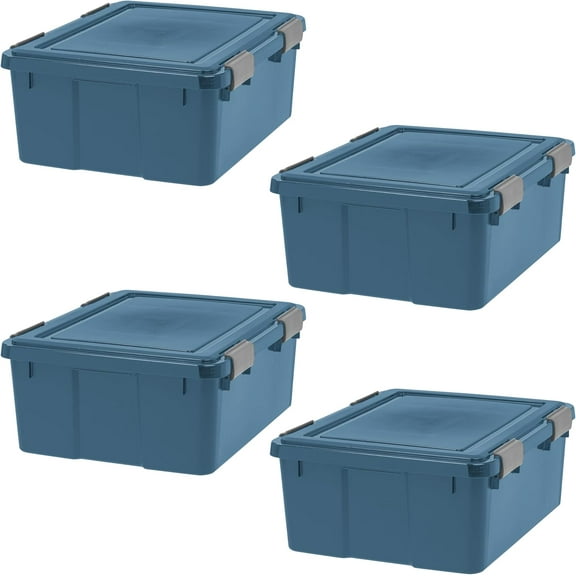 IRIS USA 31 Qt Storage Box with Gasket Seal Lid, 4 Pack - BPA-Free, Made in USA - Heavy Duty Moving Containers with Tight Latch, Weather Proof Tote Bin, WEATHERPRO - Navy