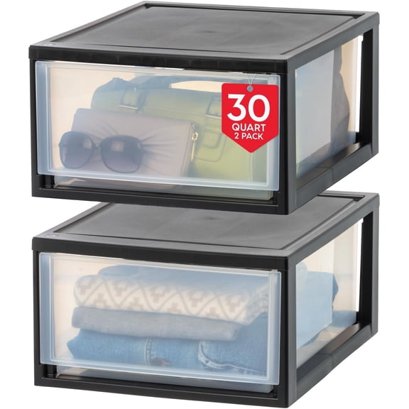 IRIS 30 Qt Stackable Storage Drawer, Plastic Drawer Organizer with Clear Doors for Pantry, Bedroom, Closet, 2Pk