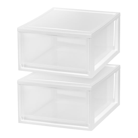 IRIS USA 30 Qt. Stackable Storage Drawer, 2 Pack, Plastic Drawer Organizer with Clear Doors for Pantry, Bedroom, Closet, Kitchen, Under-Sink, Home and Office De-Clutter, Shoes and Crafts - White
