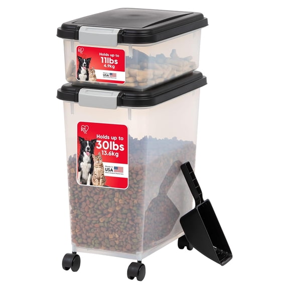 IRIS 30 Lbs & 11 Lbs Combo Airtight Dog Food Storage Container, Stackable Treat Box, 2-Cup Scoops, Casters, Black