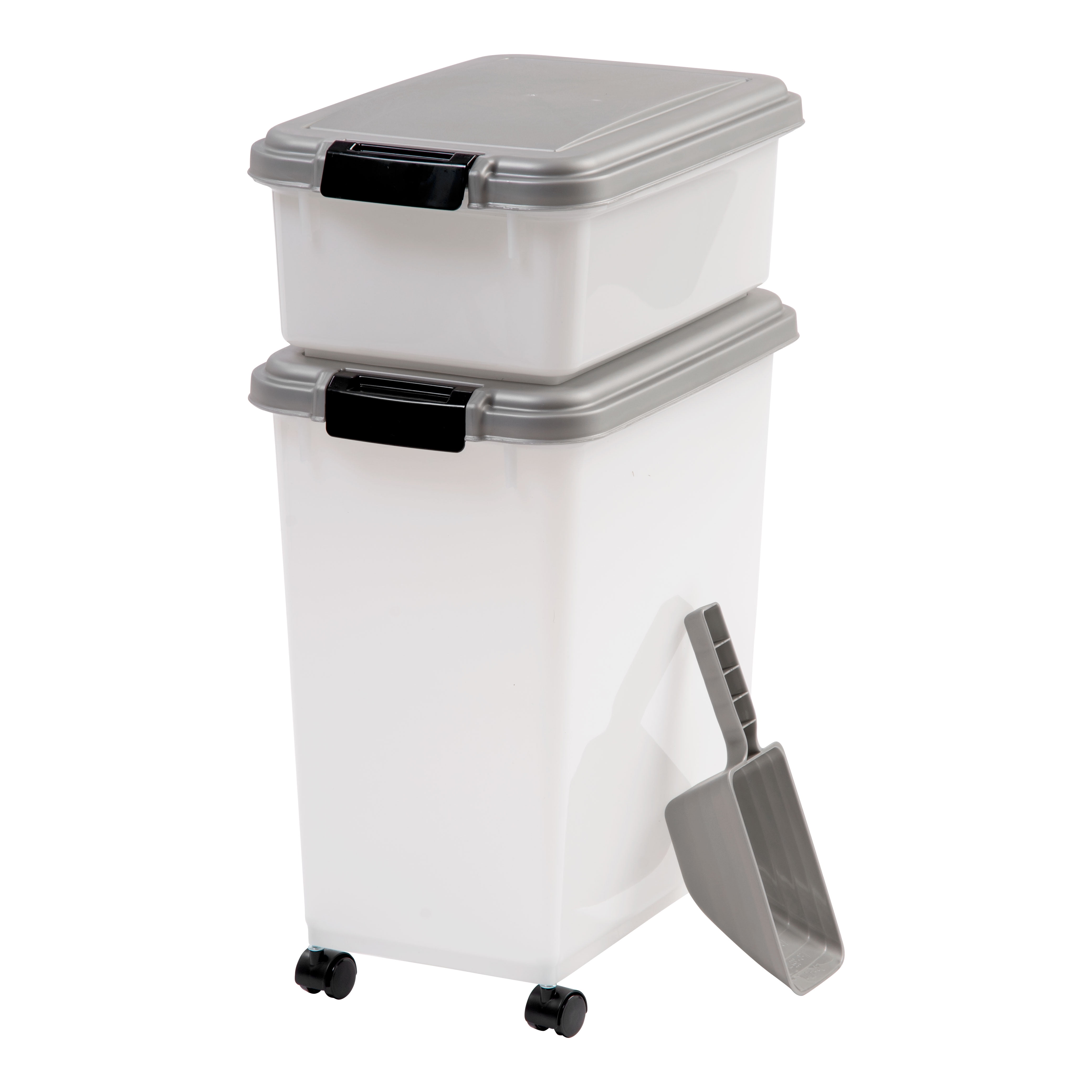 Gray Plastic Airtight Pet Food Storage Container Combo with Scoop and Casters