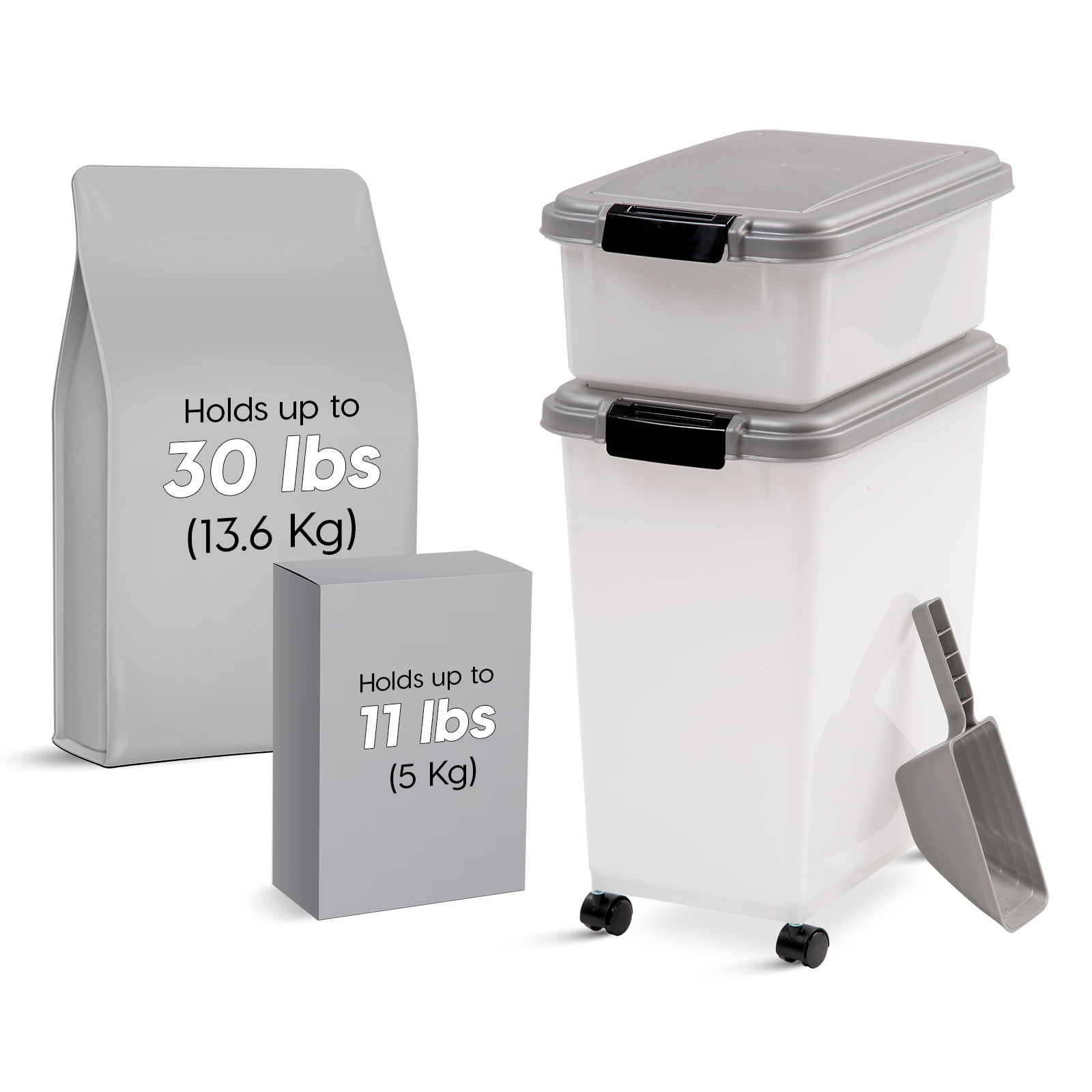 Gray Plastic Airtight Pet Food Storage Container Combo with Scoop and Casters