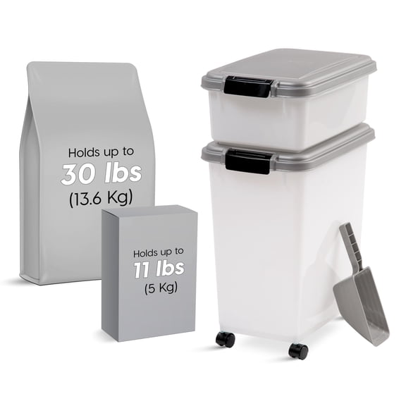 IRIS USA Dog Food Storage Container, 30 lbs & 11 lbs Combo, Cat Food Storage Container, Dog Treat Container, Airtight, Stackable, 2-Cup Scoop, Wheels, Easy Mobility, Chrome