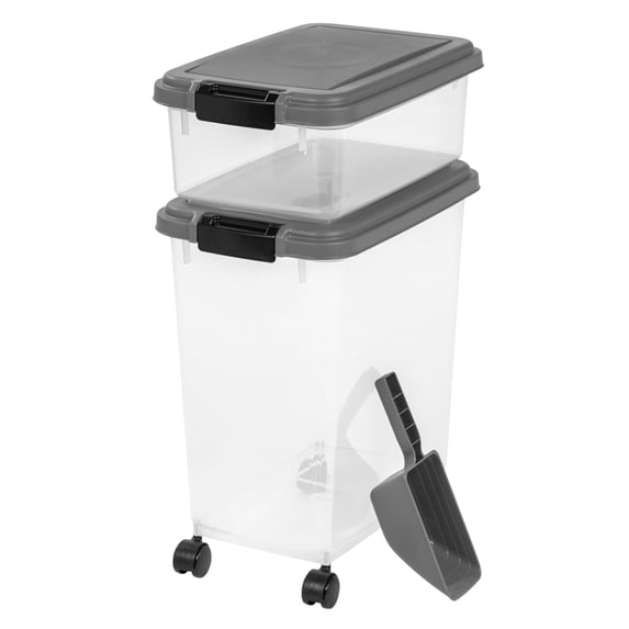 IRIS 30 Lbs & 11 Lbs Combo Airtight Dog Food Storage Container, Stackable Treat Box, 2-Cup Scoop, Casters, Dark Gray