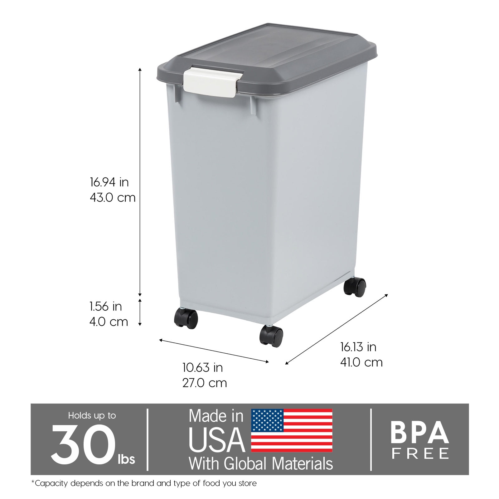 Gray and Dark Gray 30lbs Airtight Pet Food Storage Bin with Wheels