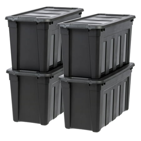 IRIS USA 31 Gallon Utility Totes with Easy-Grip Handles, 4 Pack - Black, Heavy-Duty Durable Stackable Storage Containers, Large Garage Organizing Bins Moving Tubs, Rugged Sturdy Camping Equipment