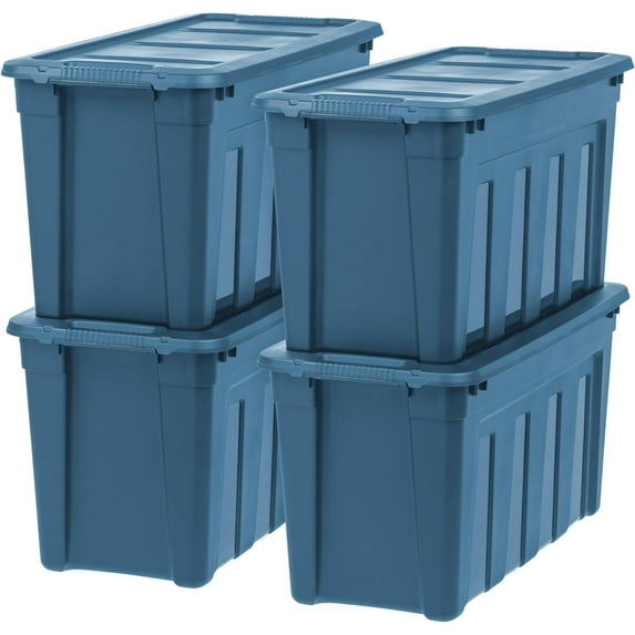 IRIS 31 Gal Utility Totes with Easy-Grip Handles Navy, Heavy-Duty Durable Stackable Storage Containers, 4Pk