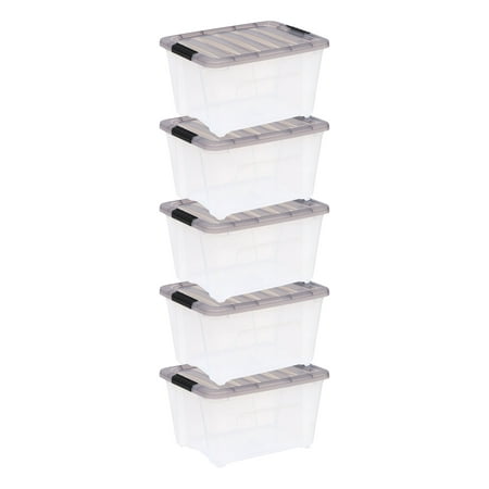 IRIS USA 32 Qt. (8 gal.) Stack & Pull™ Clear Plastic Storage Box with Buckles, Gray, Set of 5