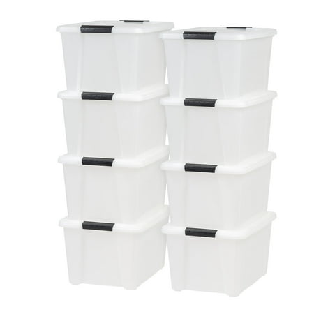 IRIS 33 Qt Stackable Plastic Storage Bins with Lids and Latching Buckles, Pearland, 8Pk