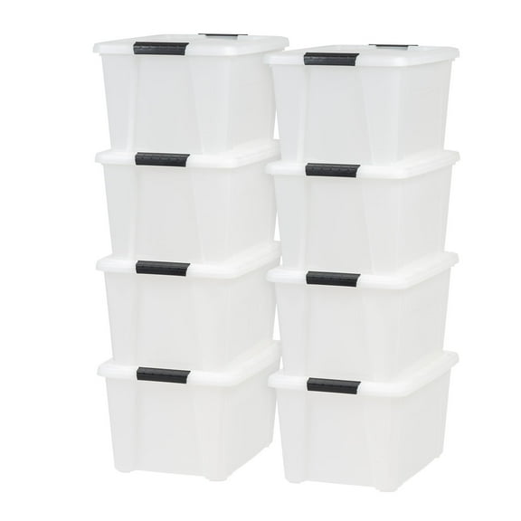 IRIS USA 8 Pack 33 Quart Stackable Plastic Storage Bins with Lids and Latching Buckles, Pearl, Containers with Lids and Latches