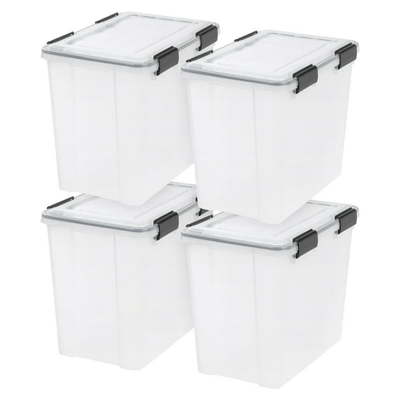 IRIS USA 32 Qt Storage Box with Gasket Seal Lid, 4 Pack - BPA-Free, Heavy Duty Moving Containers with Tight Latch, Weather Proof Tote Bin, WEATHERPRO - Clear/Black
