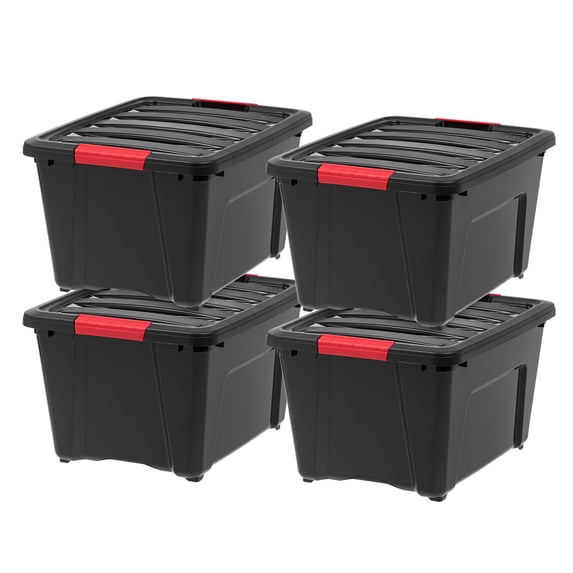 IRIS 32 Qt Stackable Plastic Storage Bins with Lids, 4 Pack - BPA-Free, - Garage Organizing Solution, Latches, Durable Nestable Containers, Secure Pull Handle - Black