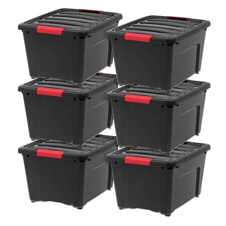 IRIS 32 Qt Stackable Plastic Storage Bins with Lids- Garage- Black, 6Pk