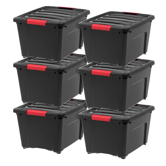 IRIS 32 Qt Stackable Plastic Storage Bins with Lids- Garage- Black, 6Pk