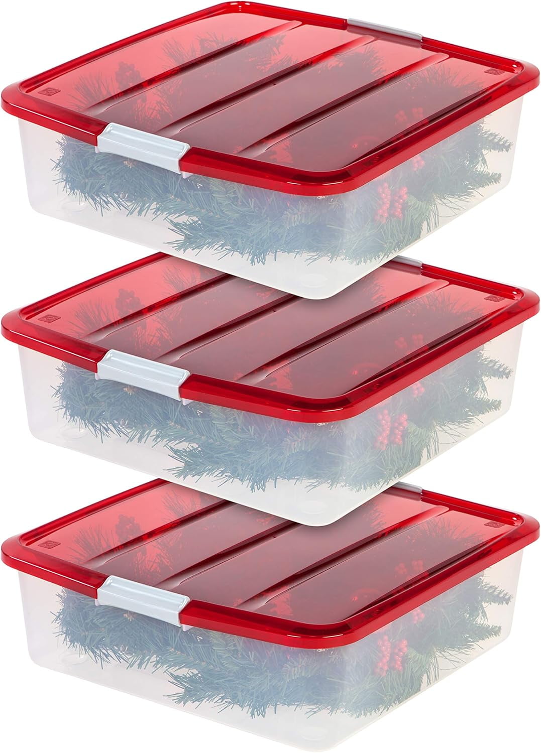 IRIS USA 33qt 3Pack Holiday 20" Wreath Storage Container Box with Lid, Clear/Red