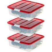 IRIS 33 Qt Holiday 20" Wreath Storage Container Box with Lid, Clear/Red, 3Pk