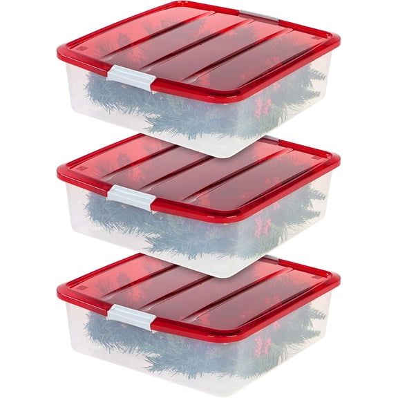 IRIS 33 Qt Holiday 20" Wreath Storage Container Box with Lid, Clear/Red, 3Pk