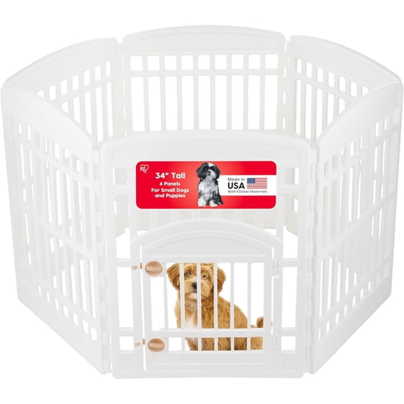 IRIS 34" 6-Panel Dog Playpen with Door, 44 x 63 x 34, Puppy Fence, Puppy Playpen, Dog Play Pen Indoors, Pet Fence, Puppies/Small Dogs, White