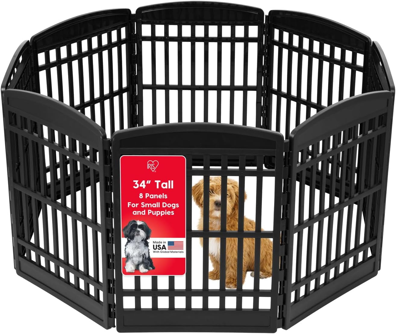 IRIS 34" Exercise 8-Panel Pet Playpen, Dog Playpen, for Medium and Large Dogs, Easy Assemble, Fold It Down