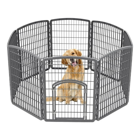 IRIS USA 34" Exercise 8-Panel Pet Playpen with Door, Dog Playpen, for Small, Medium, and Large Dogs, Keep Pets Secure, Easy Assemble, Rust-Free, Heavy-Duty Molded Plastic, Customizable, Gray