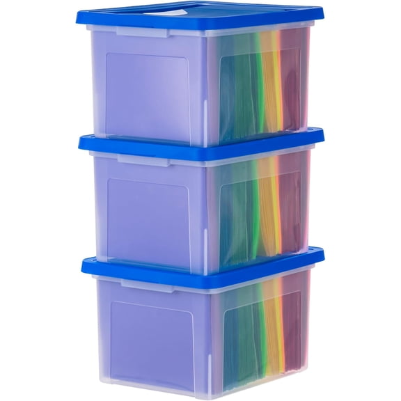 IRIS USA 35Qt Plastic File Box, Stackable Nestable, Blue, 3Pk