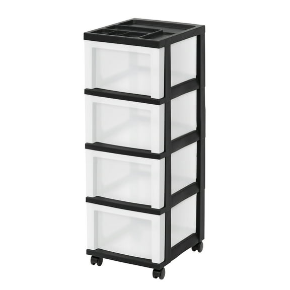 IRIS 4-Drawer Narrow Plastic Storage Drawer Cart with Organizer Top, Black