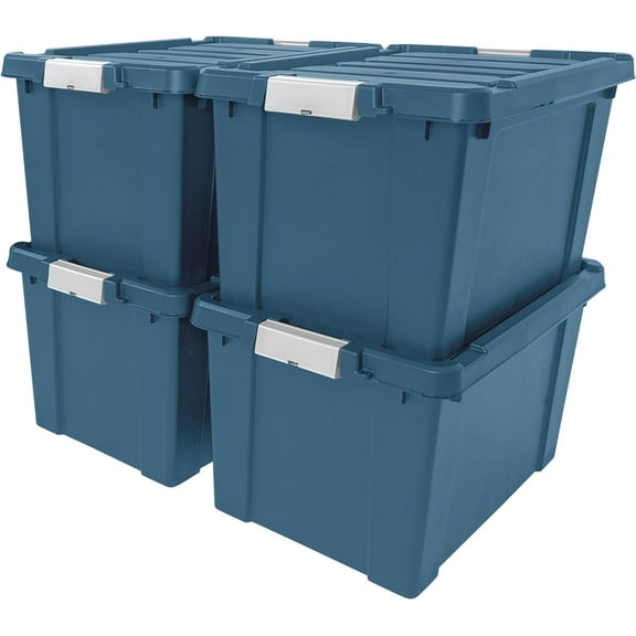 IRIS 19 Gal Lockable Storage Totes with Lids, Navy, For garage, 4Pk