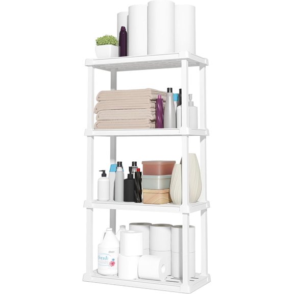 IRIS USA 4-Tier Light Duty Plastic Shelf 200lb Capacity, Medium Modular Shelving Unit Storage Organizer, White