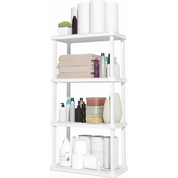 IRIS USA 4-Tier Light Duty Plastic Shelf 200lb Capacity, Medium Modular Shelving Unit Storage Organizer, White