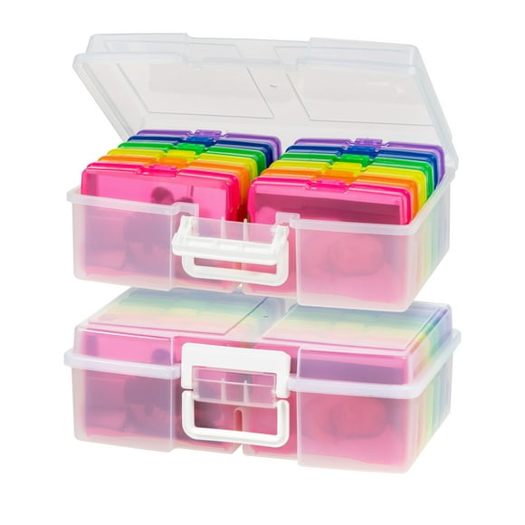 IRIS USA, 4" x 6" Photo Craft Keeper Storage Boxes with Handle and 12 cases, Rainbow Color, Set of 2