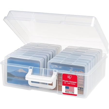 IRIS 4" x 6" Plastic Photo Storage Box with Handle, Clear, Craft Keeper with 16 Inner Cases for Photos and Scrapbooking