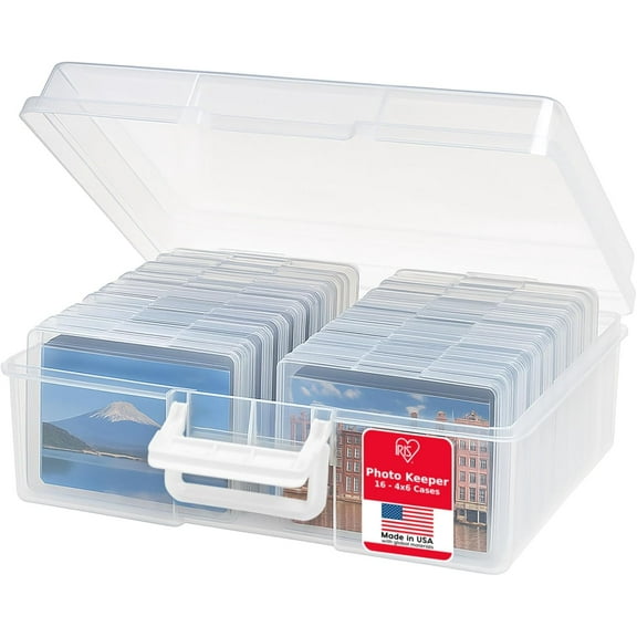 IRIS USA 4" x 6" Plastic Photo Storage Box with Handle, Clear, Craft Keeper with 16 Inner Cases for Photos and Scrapbooking
