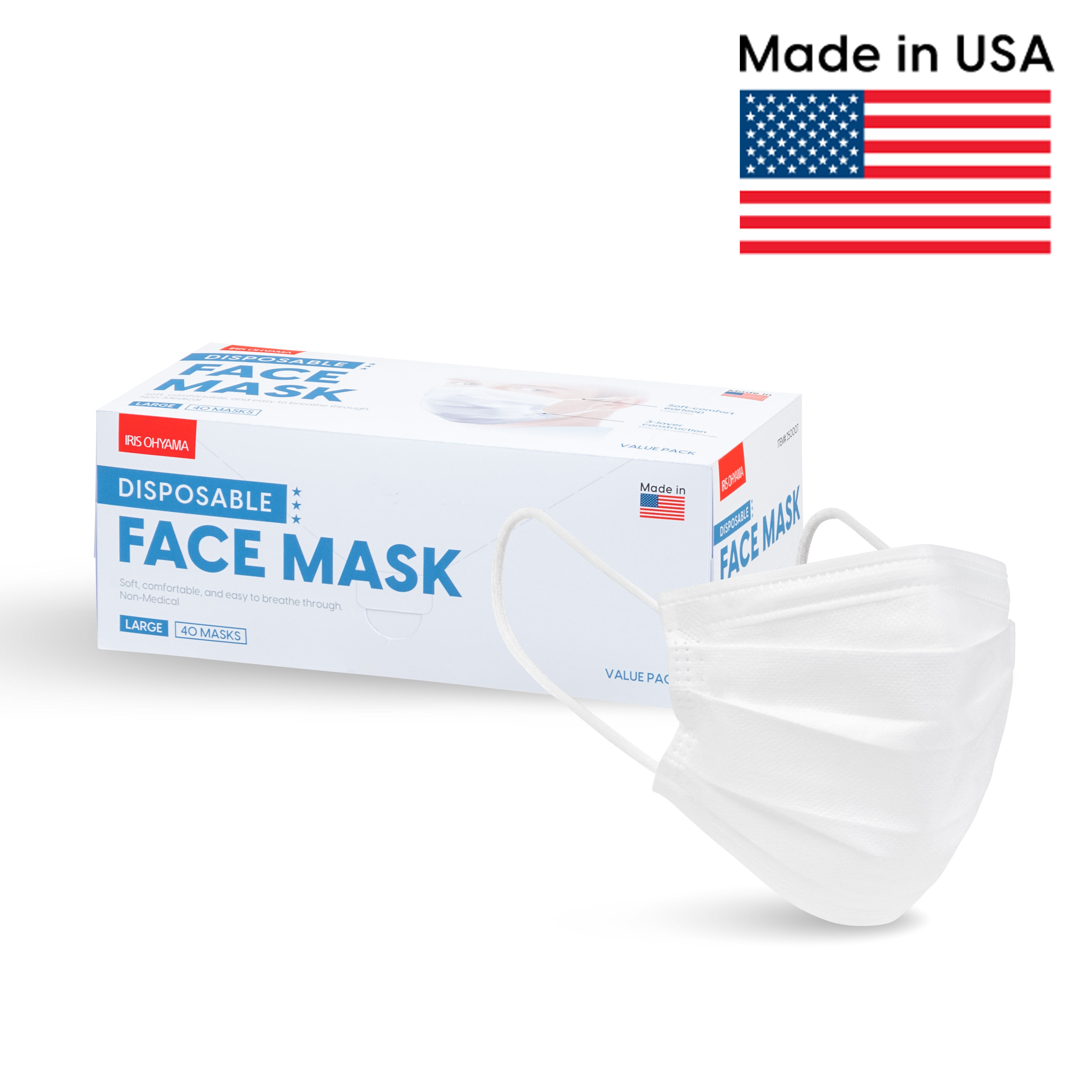 IRIS USA 40 Piece Earloop Disposable Face Masks, Made in USA