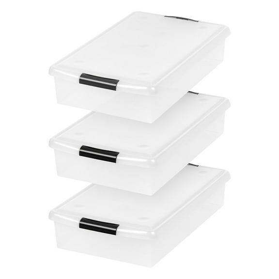 IRIS USA 40 Qt Plastic Under Bed Storage Stackable Nestable Organizer Bin Container with Secure Lids and Durable Black Buckles, Multi-Purpose for Clothes, Shoes, and Bedding, Clear, 3 Pack