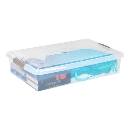 IRIS USA 40 Qt Plastic Under Bed Storage Stackable Nestable Organizer Bin Container with Secure Lids and Durable Tan Buckles, Multi-Purpose for Clothes, Shoes, and Beddings, Clear