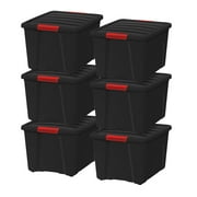 IRIS 40 Qt Stackable Plastic Storage Bins with Lids- Garage- Black, 6Pk