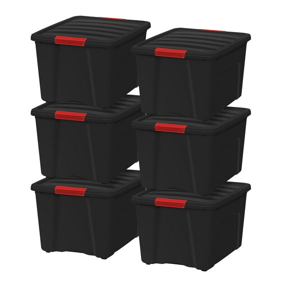 IRIS USA 40 Qt Stackable Plastic Storage Bins with Lids, 6 Pack - BPA-Free, Made in USA - Garage Organizing Solution, Latches, Durable Nestable Containers, Secure Pull Handle - Black