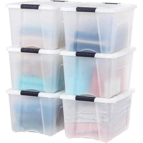 IRIS 40 Qt Stackable Plastic Storage Bins with Lids, Discreet- Pearl, 6Pk