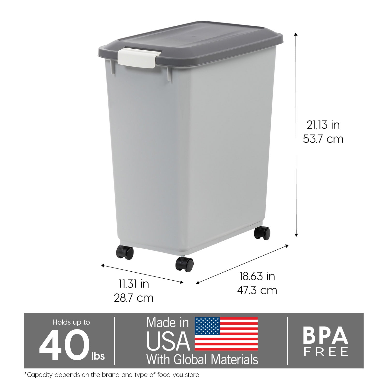 Gray Airtight Plastic Pet Food Storage Container with Wheels, 40 lbs Capacity