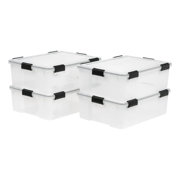 IRIS USA 41 Qt Storage Box with Gasket Seal Lid, 4 Pack - BPA-Free, Made in USA - Heavy Duty Moving Containers with Tight Latch, Weather Proof Tote Bin, WEATHERPRO - Clear/Black