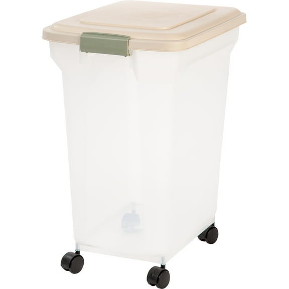 IRIS USA 42 Lbs / 55 Qt WeatherPro Airtight Pet Food Storage Container with Attachable Casters, For Dog Cat Bird and Other Pet Food Storage Bin, Keep Fresh, Translucent Body, Clear/Almond